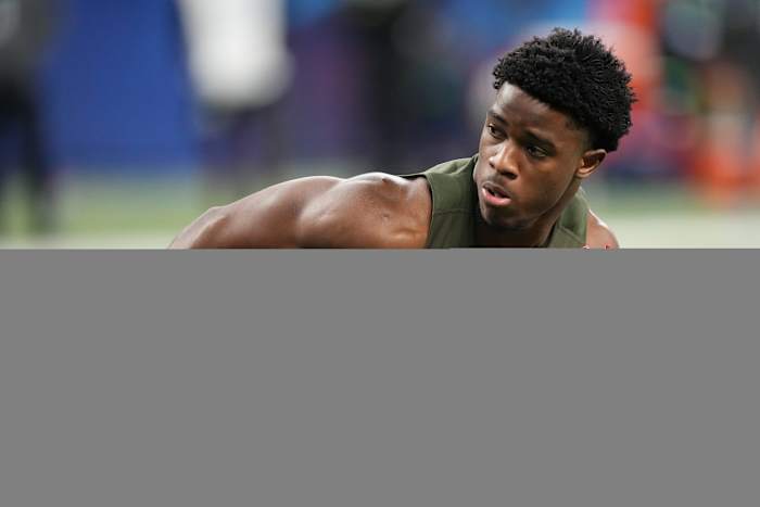 Mar 1, 2024; Indianapolis, IN, USA; South Dakota defensive back Myles Harden (DB13) works out during the 2024 NFL Combine at Lucas Oil Stadium.